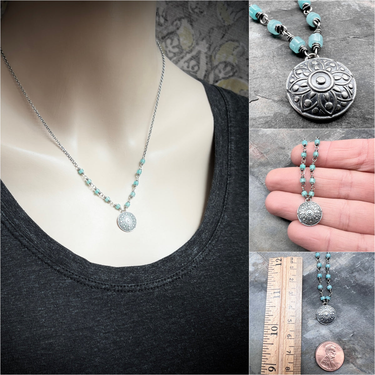 Sterling Silver Medallion and Amazonite Necklace | Natural Aqua Stones with Circle Pendant