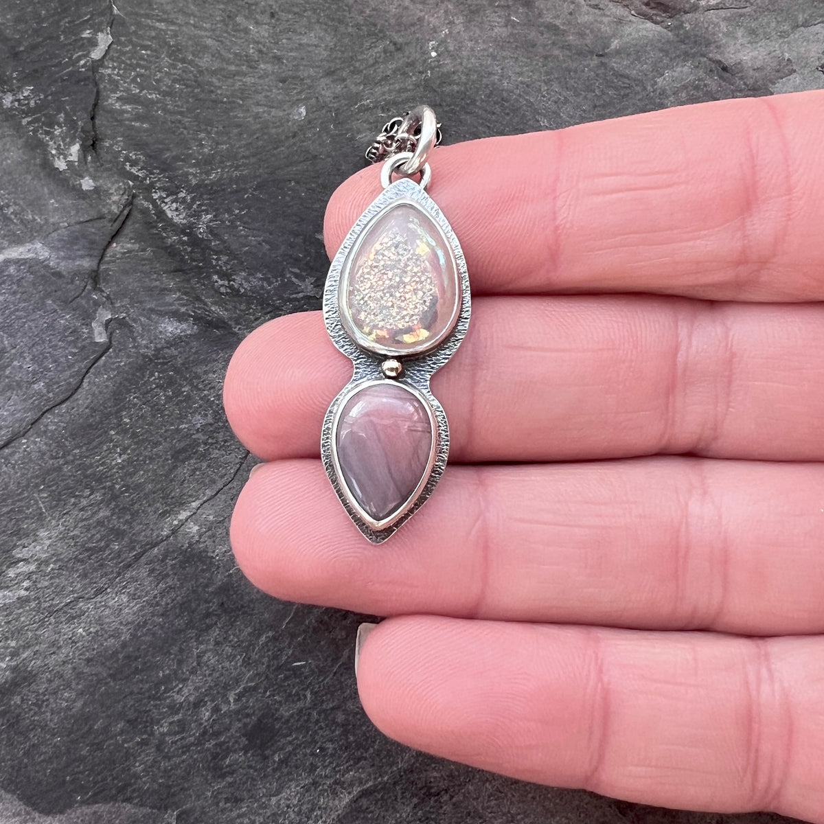Sterling Silver Druzy and Agate Necklace | Natural Stone Teardrops Pendant