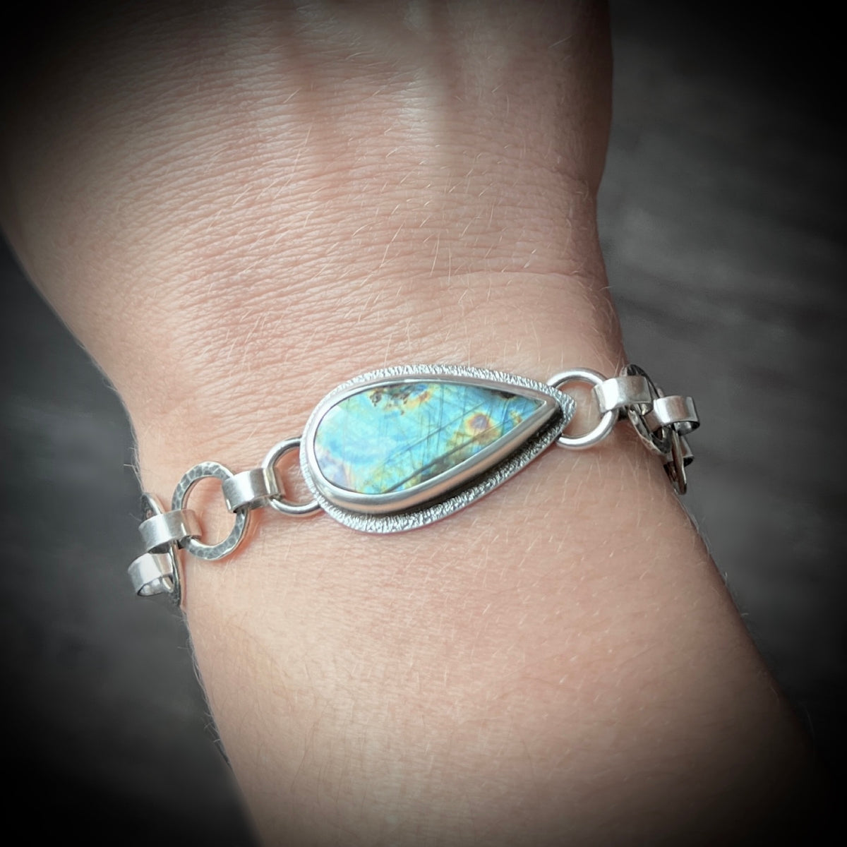 Labradorite Sterling Silver Bracelet | One-of-a-kind Natural Stone Hammered Link Bracelet