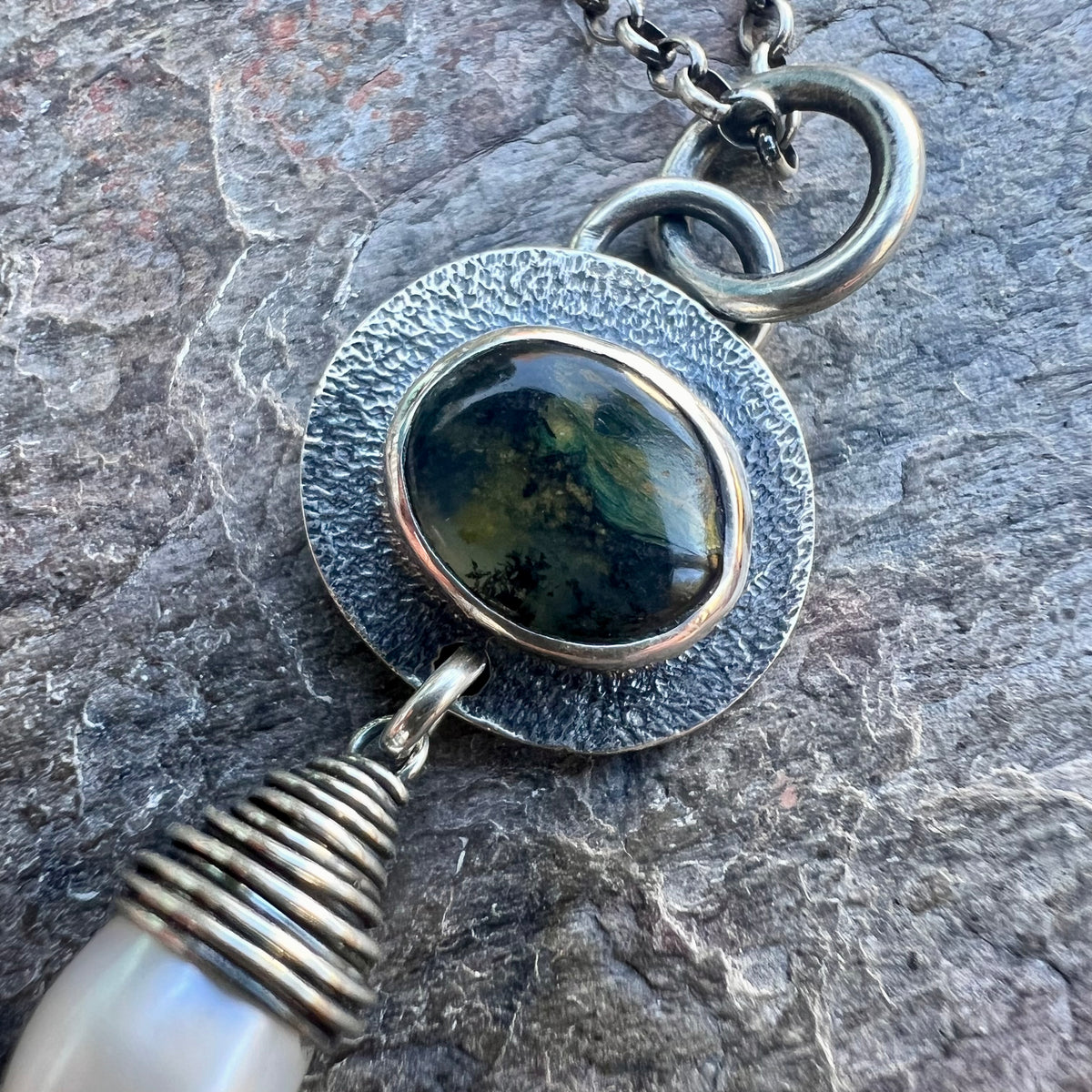 Sterling Silver Opal and Pearl Necklace - Genuine Peruvian Opal and Fresh Water Pearl Pendant - Handmade Jewelry Unique Gift for Her