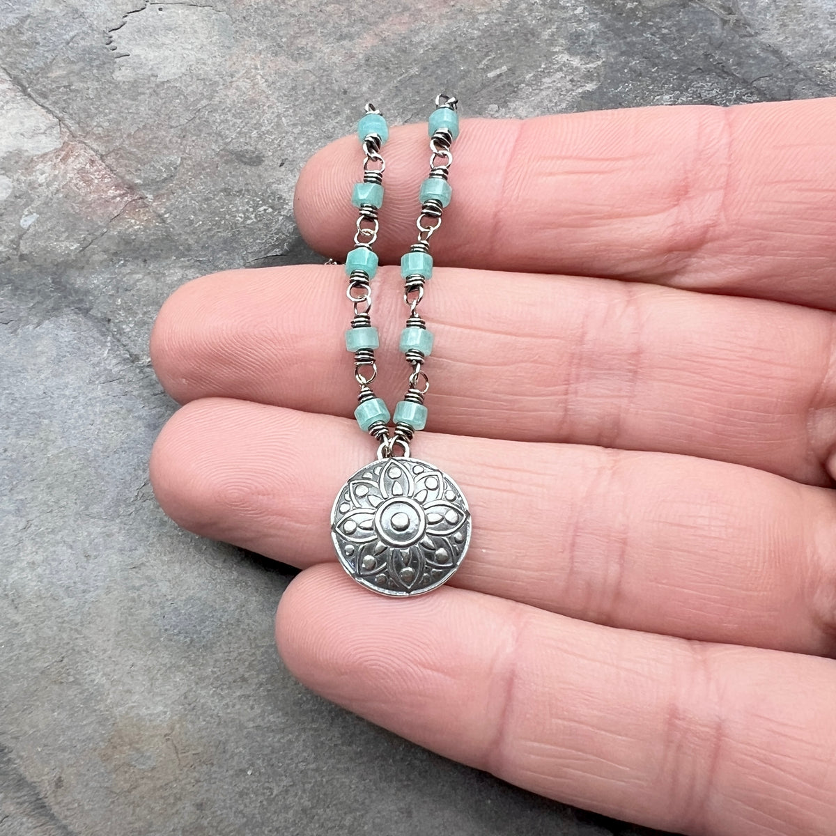 Sterling Silver Medallion and Amazonite Necklace | Natural Aqua Stones with Circle Pendant