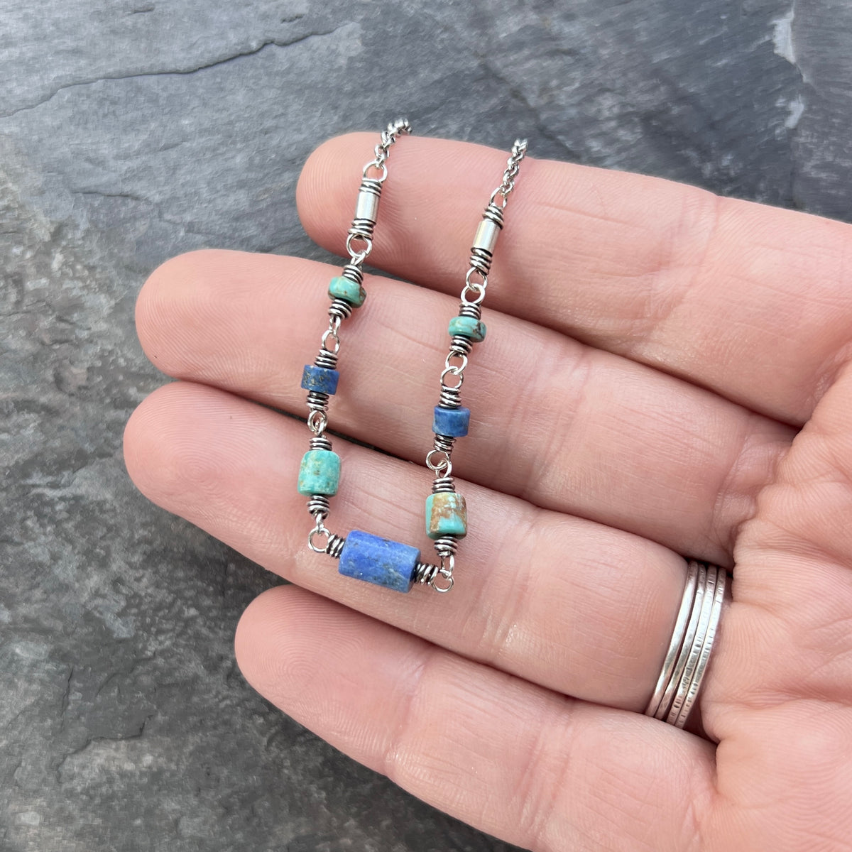 Genuine Turquoise and Lapis Lazuli Sterling Silver Necklace | Natural Stone Wire-wrapped Beaded Necklace