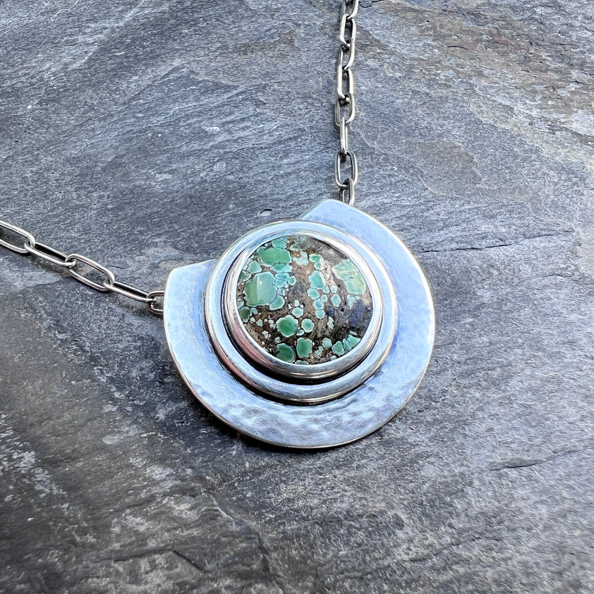 Sterling Silver Genuine Turquoise Necklace | Green Natural Stone Round Cabochon Pendant