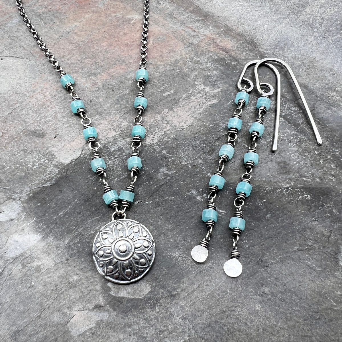 Sterling Silver Medallion and Amazonite Necklace | Natural Aqua Stones with Circle Pendant