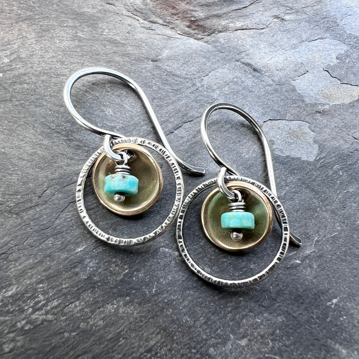 Turquoise Sterling Silver Earrings | Natural Stone Mixed Metal Small Dangles