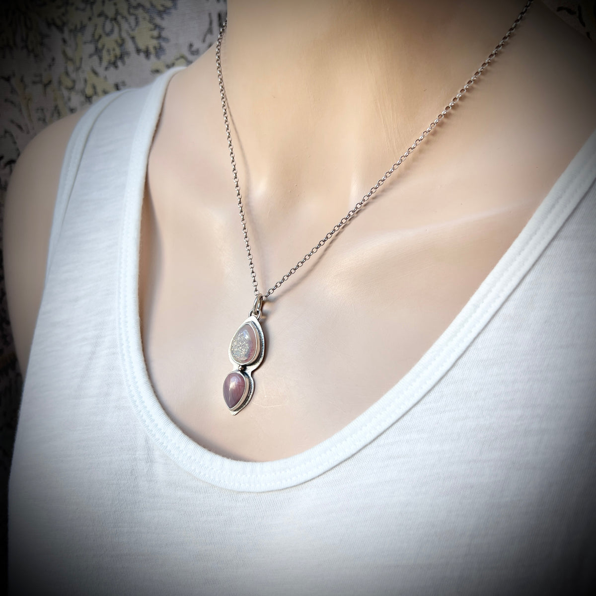 Sterling Silver Druzy and Agate Necklace | Natural Stone Teardrops Pendant