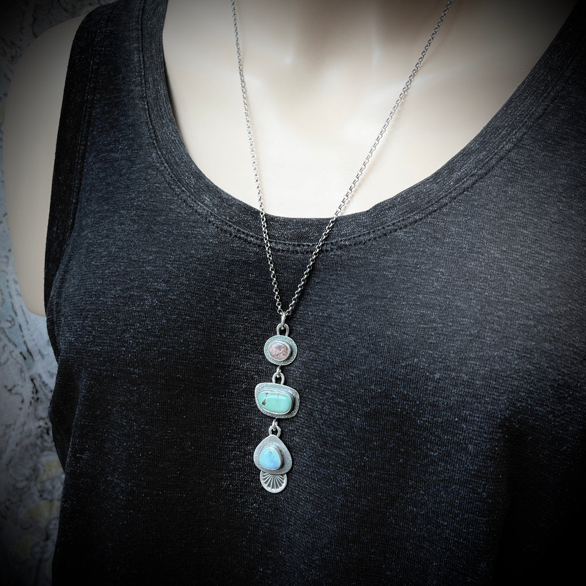 Turquoise and Rhodonite Sterling Silver Necklace | Artisan One-of-a-kind Multi Stone Pendant