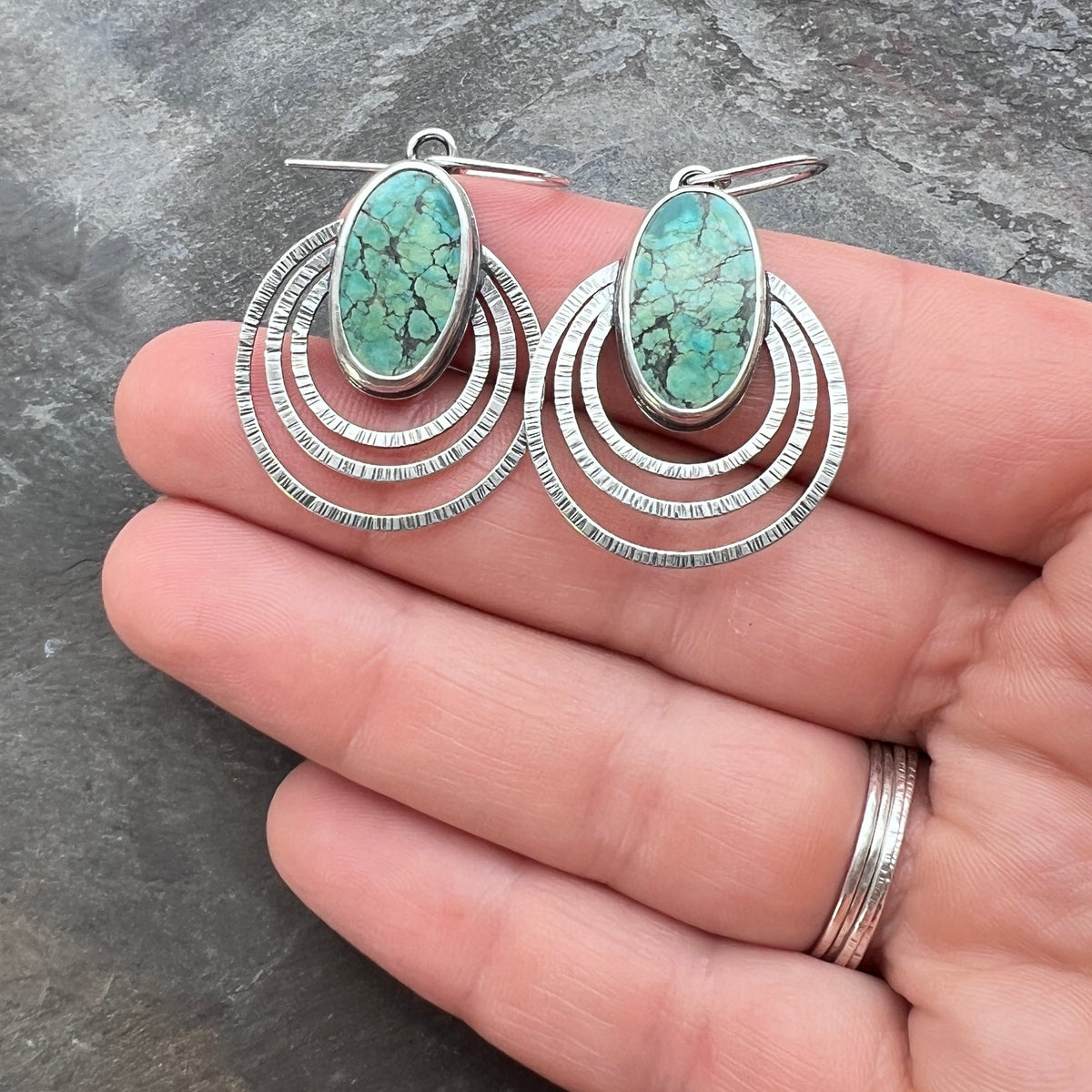 Genuine Turquoise Sterling Silver Earrings | Natural Stone Cabochons with Textured Hoop Dangles