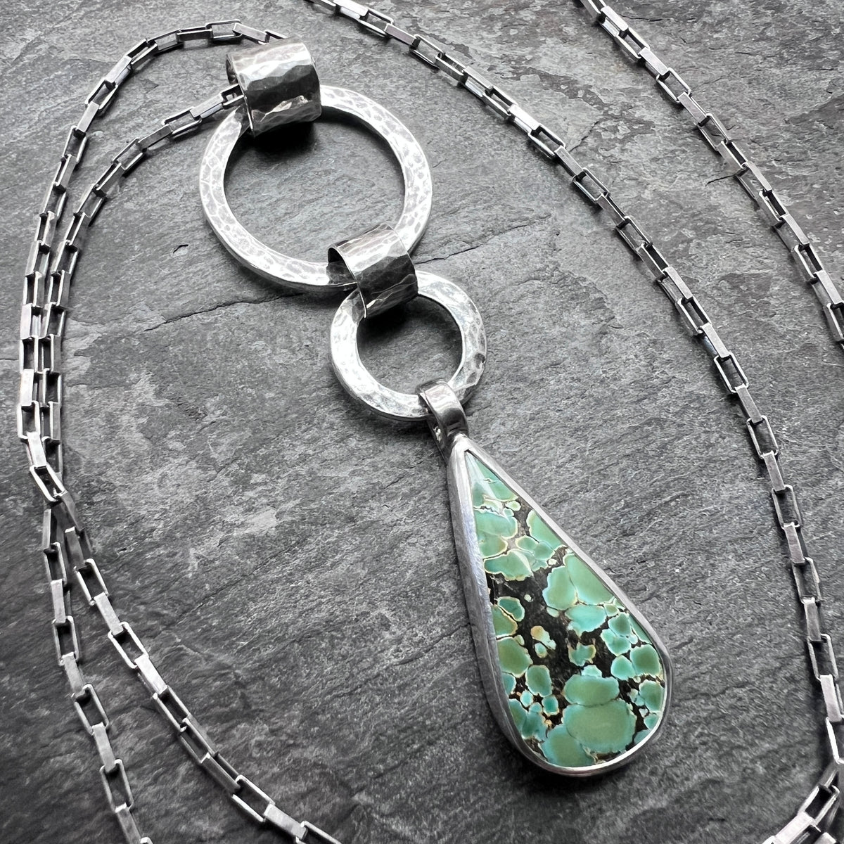 Sterling Silver Genuine Turquoise Necklace | Hammered Rings and Green Natural Stone Teardrop Pendant