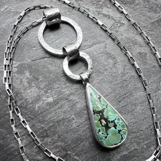 Sterling Silver Genuine Turquoise Necklace | Hammered Rings and Green Natural Stone Teardrop Pendant