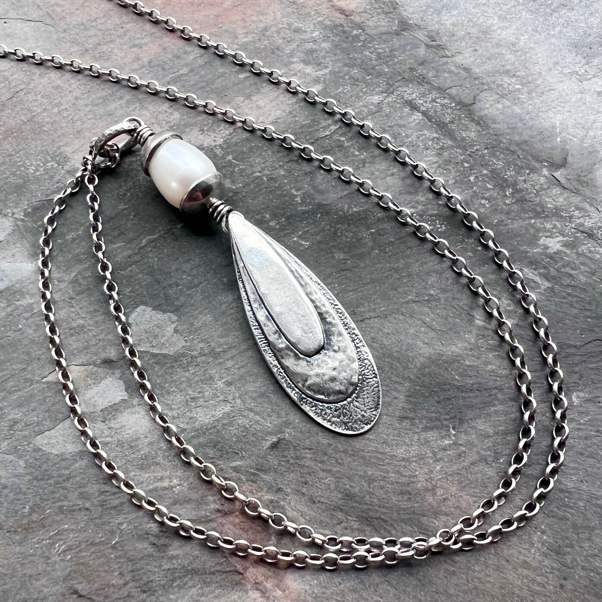 Sterling Silver Teardrop and Pearl Necklace | Hammered Teardrop and White Pearl Pendant