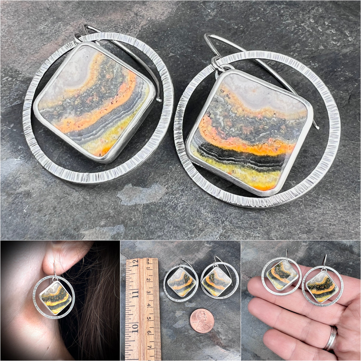 Sterling Silver Bumble Bee Jasper Earrings | Natural Stone Statement Earrings