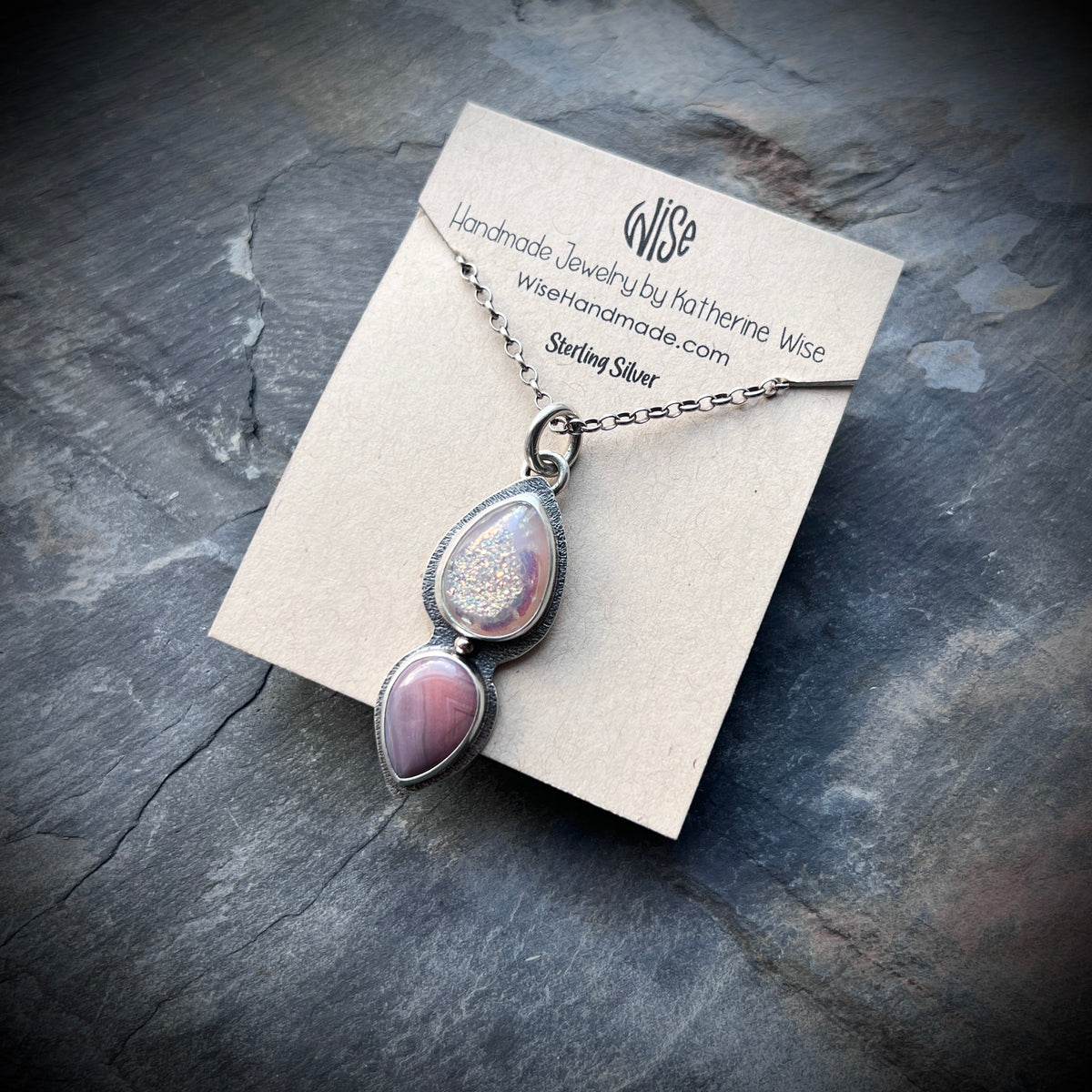 Sterling Silver Druzy and Agate Necklace | Natural Stone Teardrops Pendant
