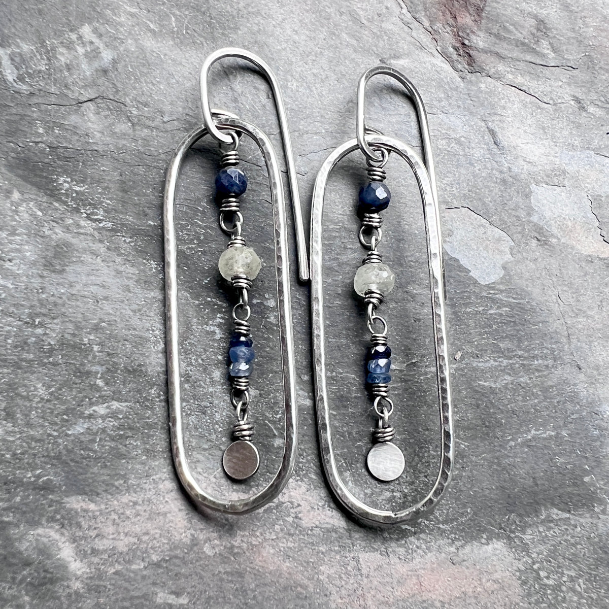 Genuine Sapphire Sterling Silver Earrings | Blue Natural Stone Hammered Oval Dangles