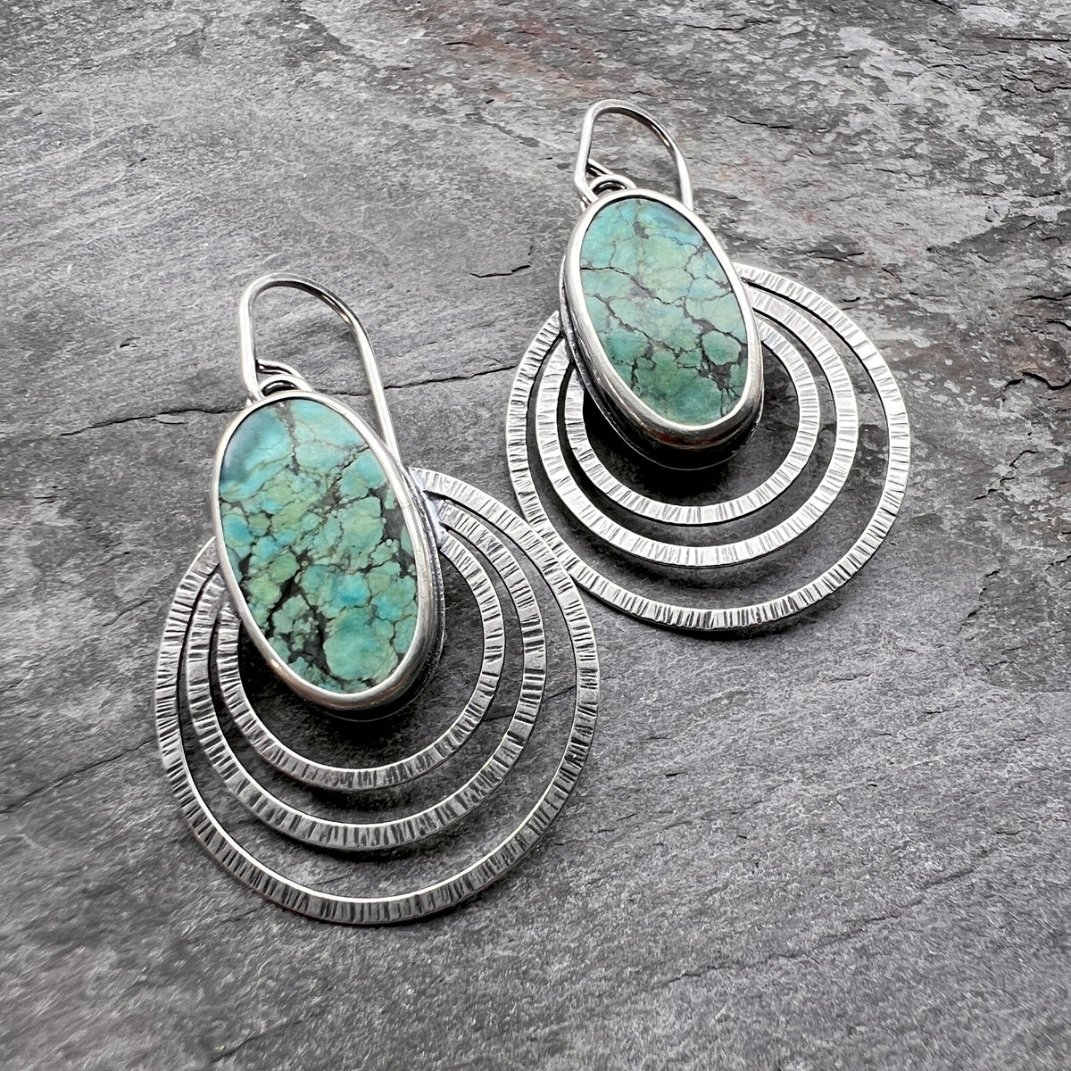 Genuine Turquoise Sterling Silver Earrings | Natural Stone Cabochons with Textured Hoop Dangles