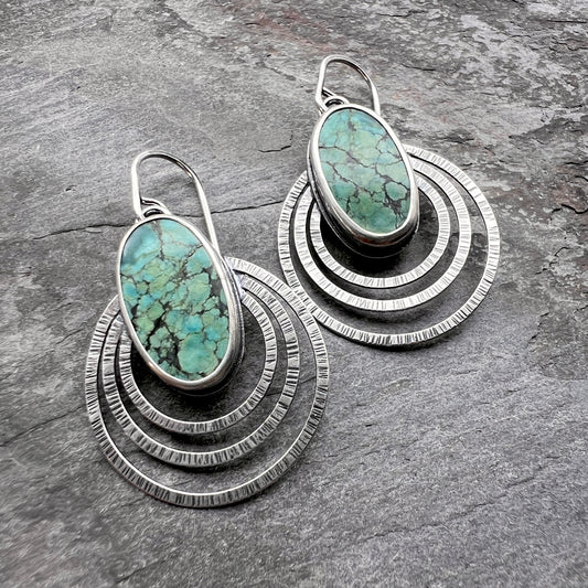 Genuine Turquoise Sterling Silver Earrings | Natural Stone Cabochons with Textured Hoop Dangles
