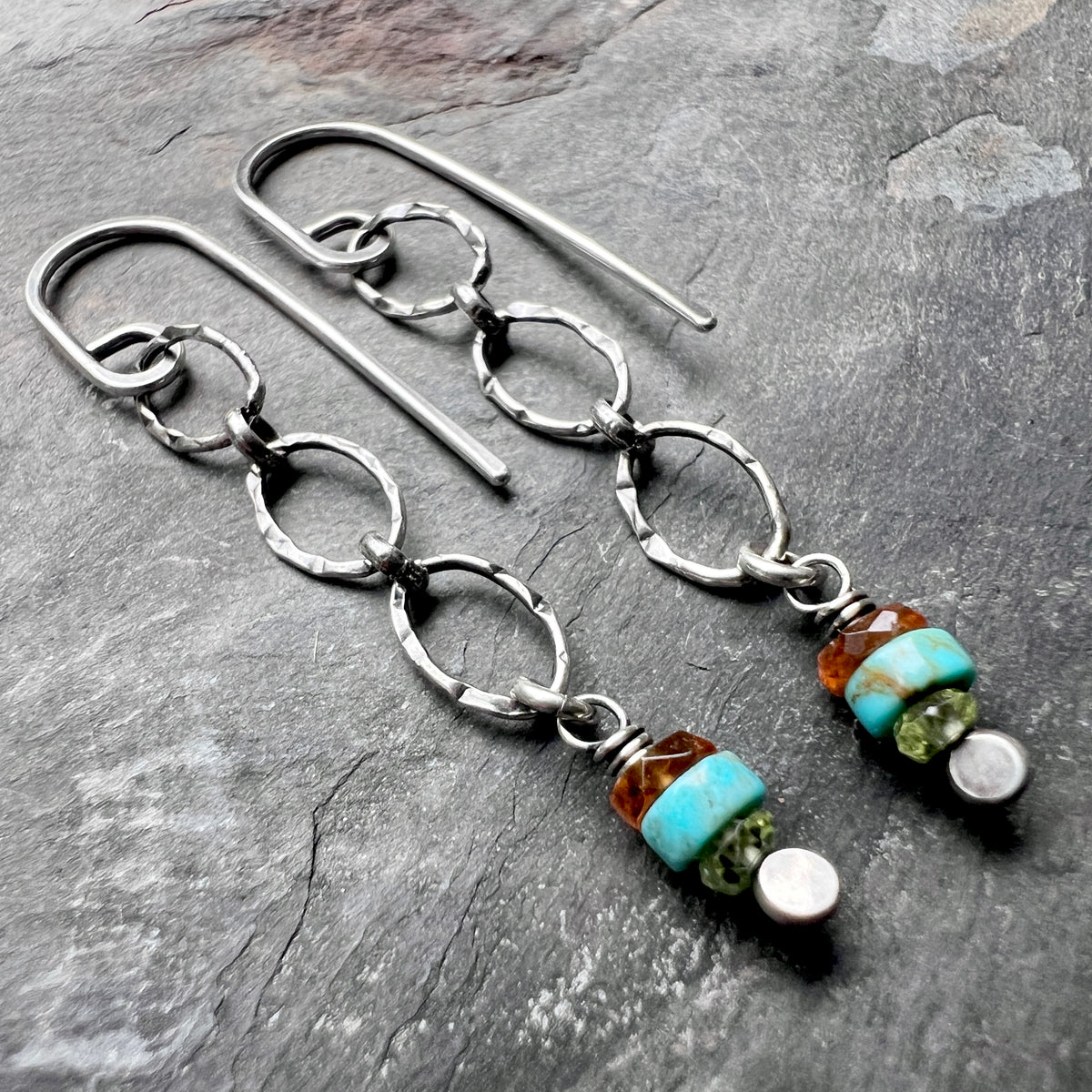 Peridot, Turquoise, Garnet, and Sterling Silver Lightweight Dangle Earrings