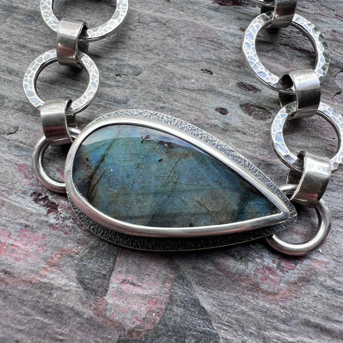 Labradorite Sterling Silver Bracelet | One-of-a-kind Natural Stone Hammered Link Bracelet