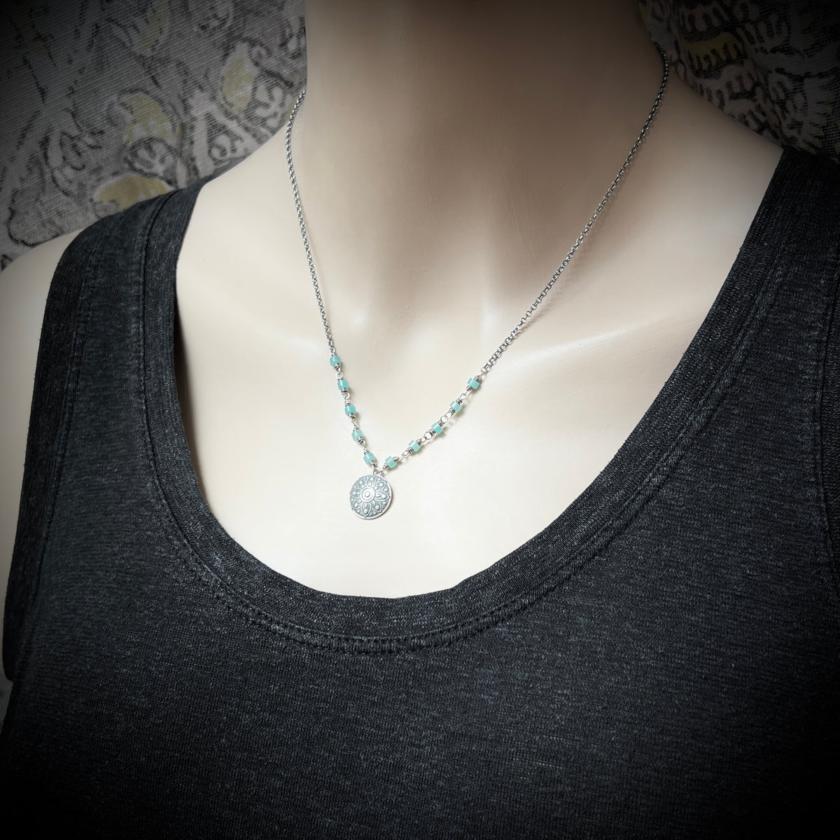 Sterling Silver Medallion and Amazonite Necklace | Natural Aqua Stones with Circle Pendant