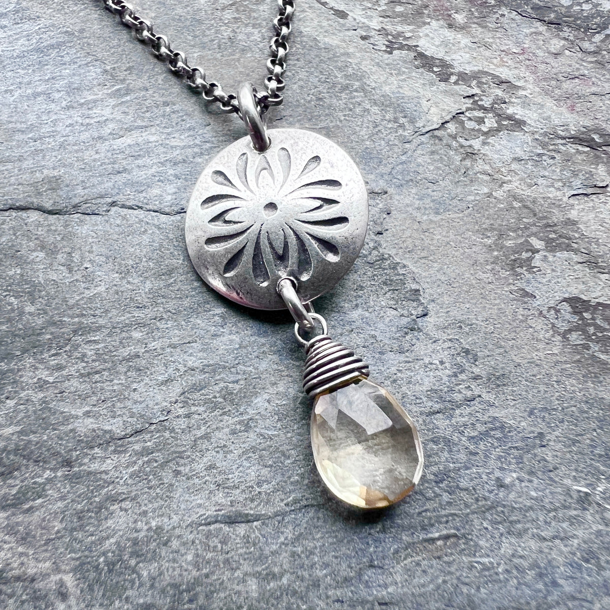 Genuine Citrine Sterling Silver Necklace | Flower Medallion and Yellow Teardrop Pendant