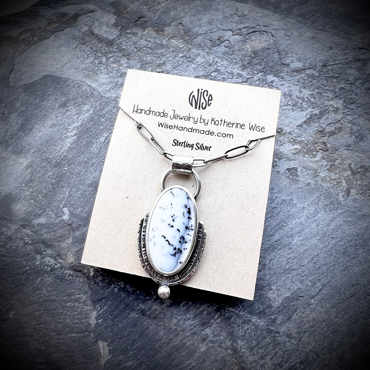 Sterling Silver Dendritic Opal Necklace | Black & White Natural Stone Pendant