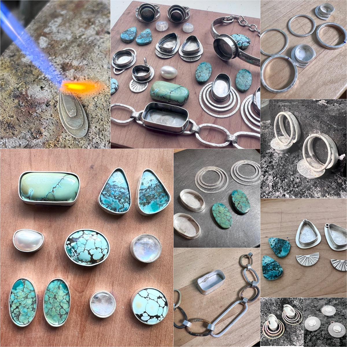 Genuine Turquoise Sterling Silver Earrings | Natural Stone Cabochons with Textured Hoop Dangles