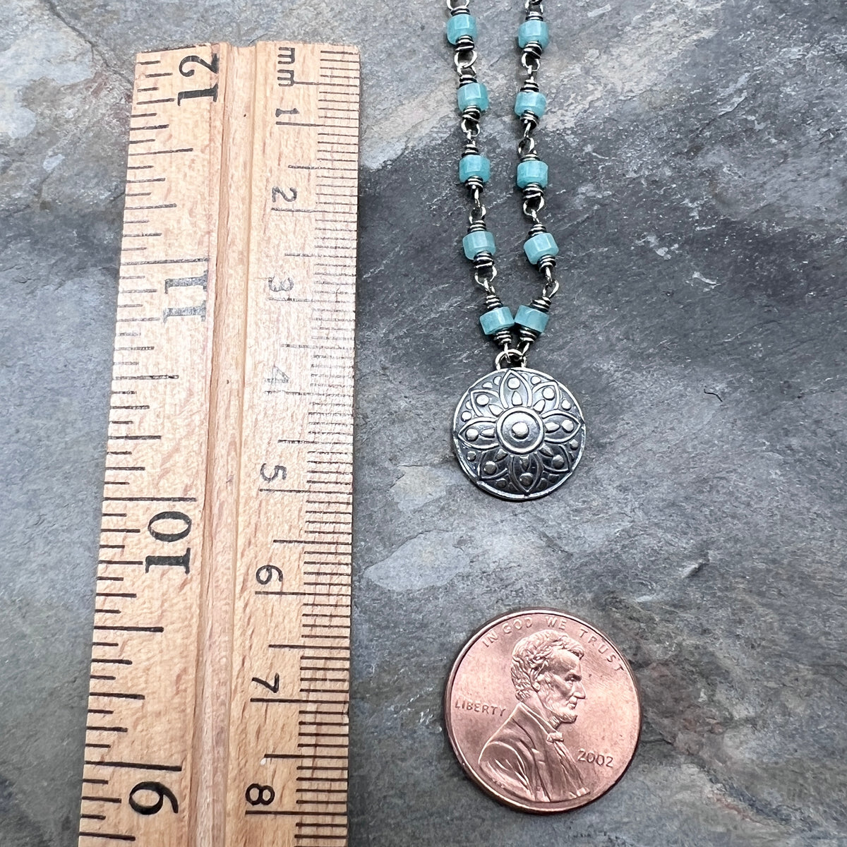 Sterling Silver Medallion and Amazonite Necklace | Natural Aqua Stones with Circle Pendant