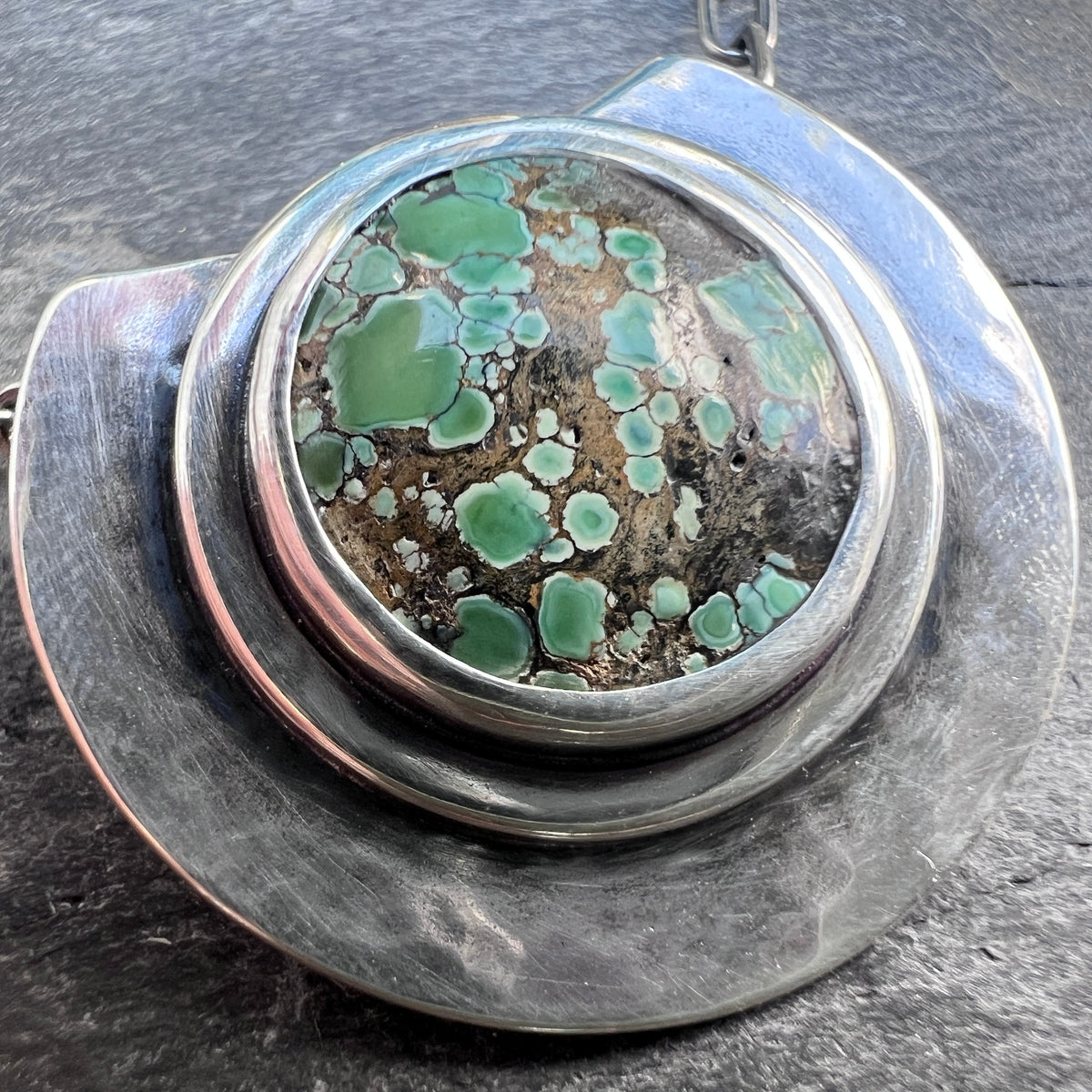Sterling Silver Genuine Turquoise Necklace | Green Natural Stone Round Cabochon Pendant