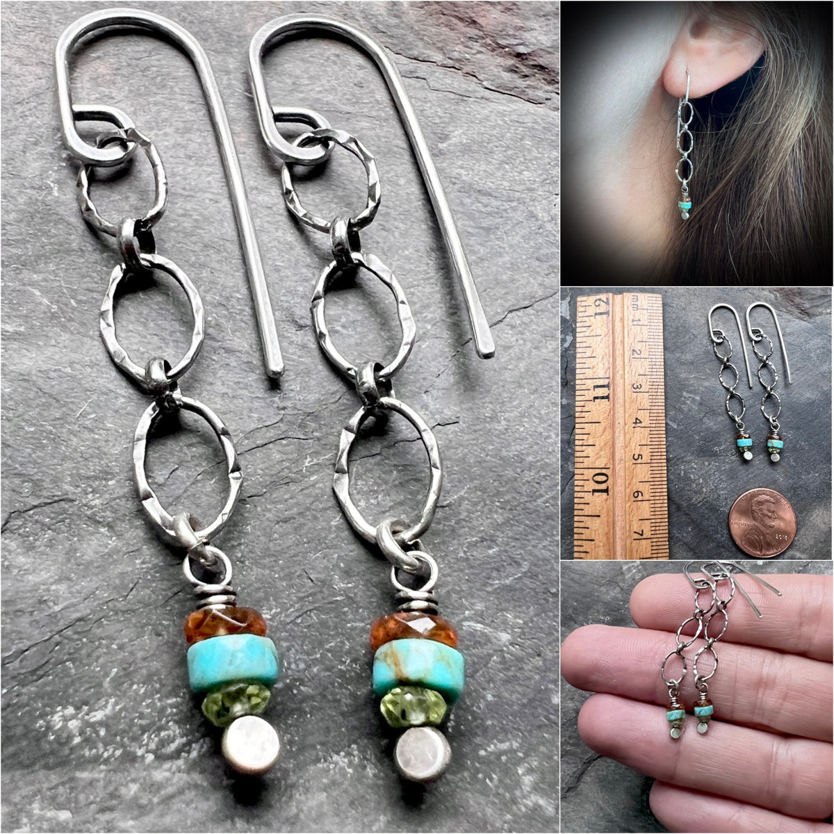 Peridot, Turquoise, Garnet, and Sterling Silver Lightweight Dangle Earrings