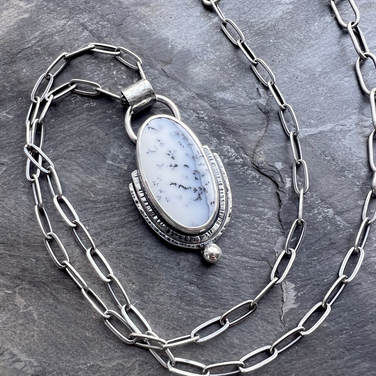 Sterling Silver Dendritic Opal Necklace | Black & White Natural Stone Pendant