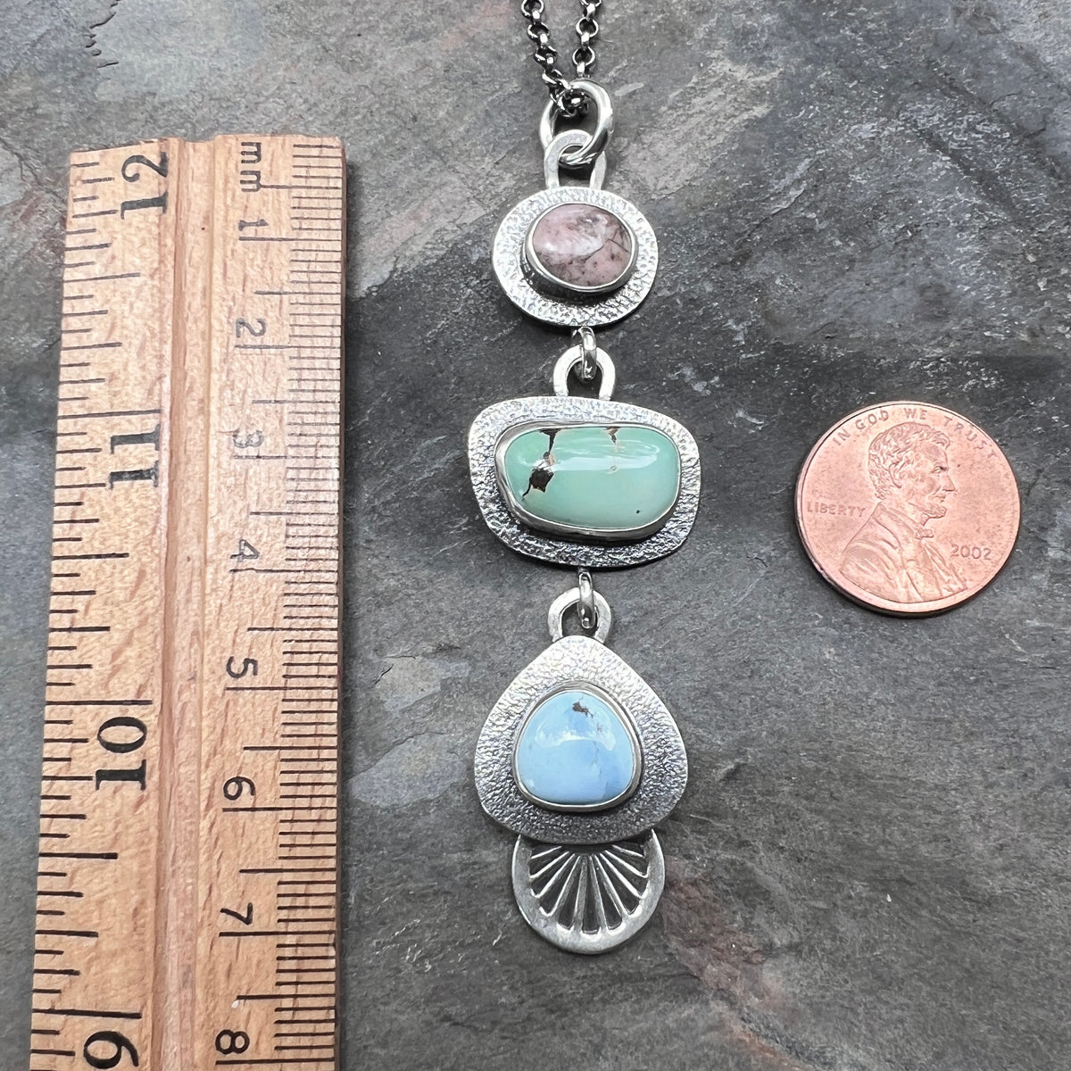 Turquoise and Rhodonite Sterling Silver Necklace | Artisan One-of-a-kind Multi Stone Pendant