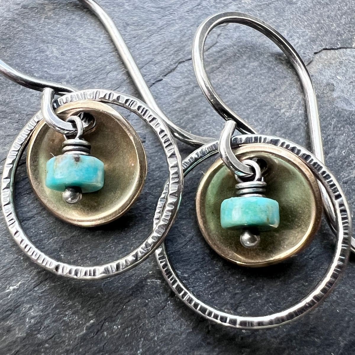 Turquoise Sterling Silver Earrings | Natural Stone Mixed Metal Small Dangles