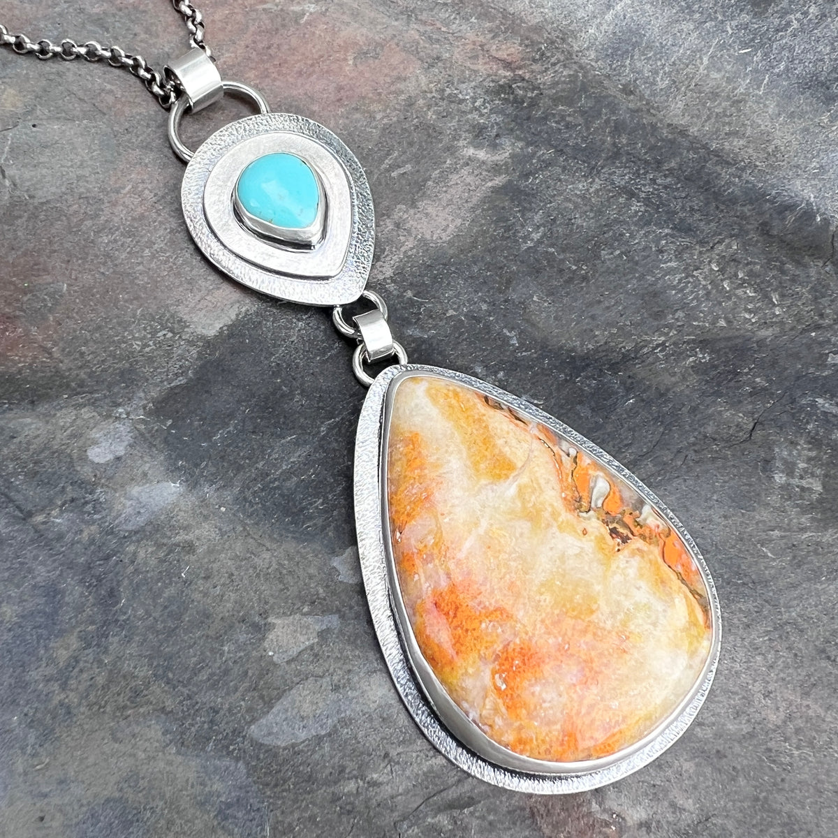 Sterling Silver Genuine Turquoise and Jasper Necklace | Natural Stone Teardrop Statement Pendant
