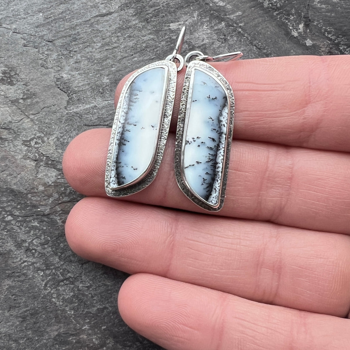 Dendritic Opal Sterling Silver Earrings | Black & White Natural Stone Dangle Earrings