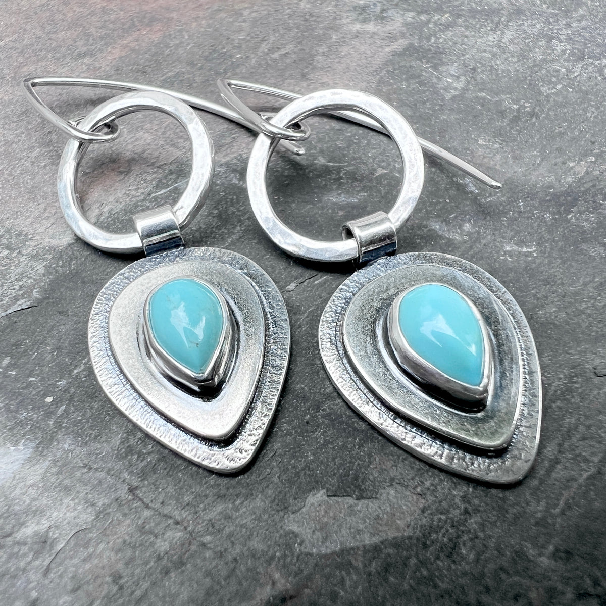 Turquoise Sterling Silver Teardrop Earrings | Genuine Natural Turquoise Cabochon Dangle Earrings