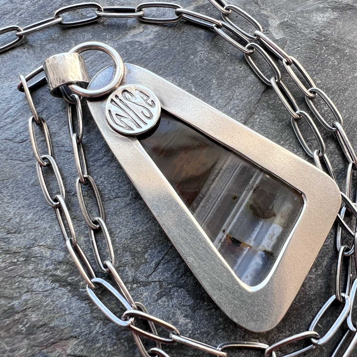 Sterling Silver Montana Agate Necklace | Brown Natural Stone Geometric Pendant