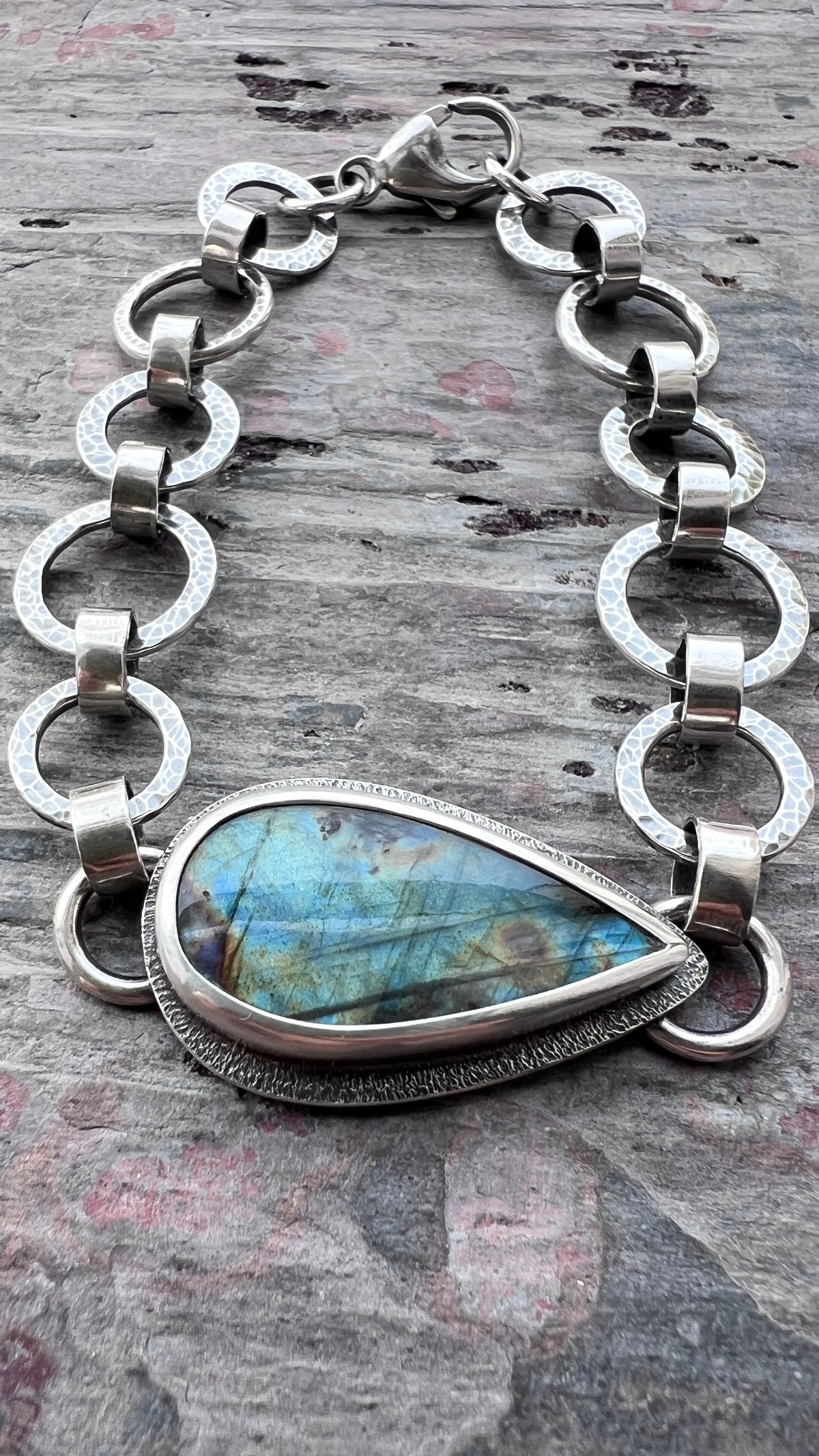 Labradorite Sterling Silver Bracelet | One-of-a-kind Natural Stone Hammered Link Bracelet