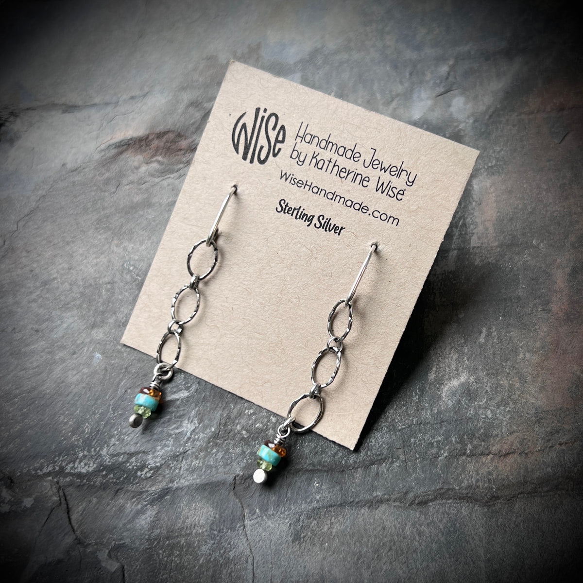 Peridot, Turquoise, Garnet, and Sterling Silver Lightweight Dangle Earrings