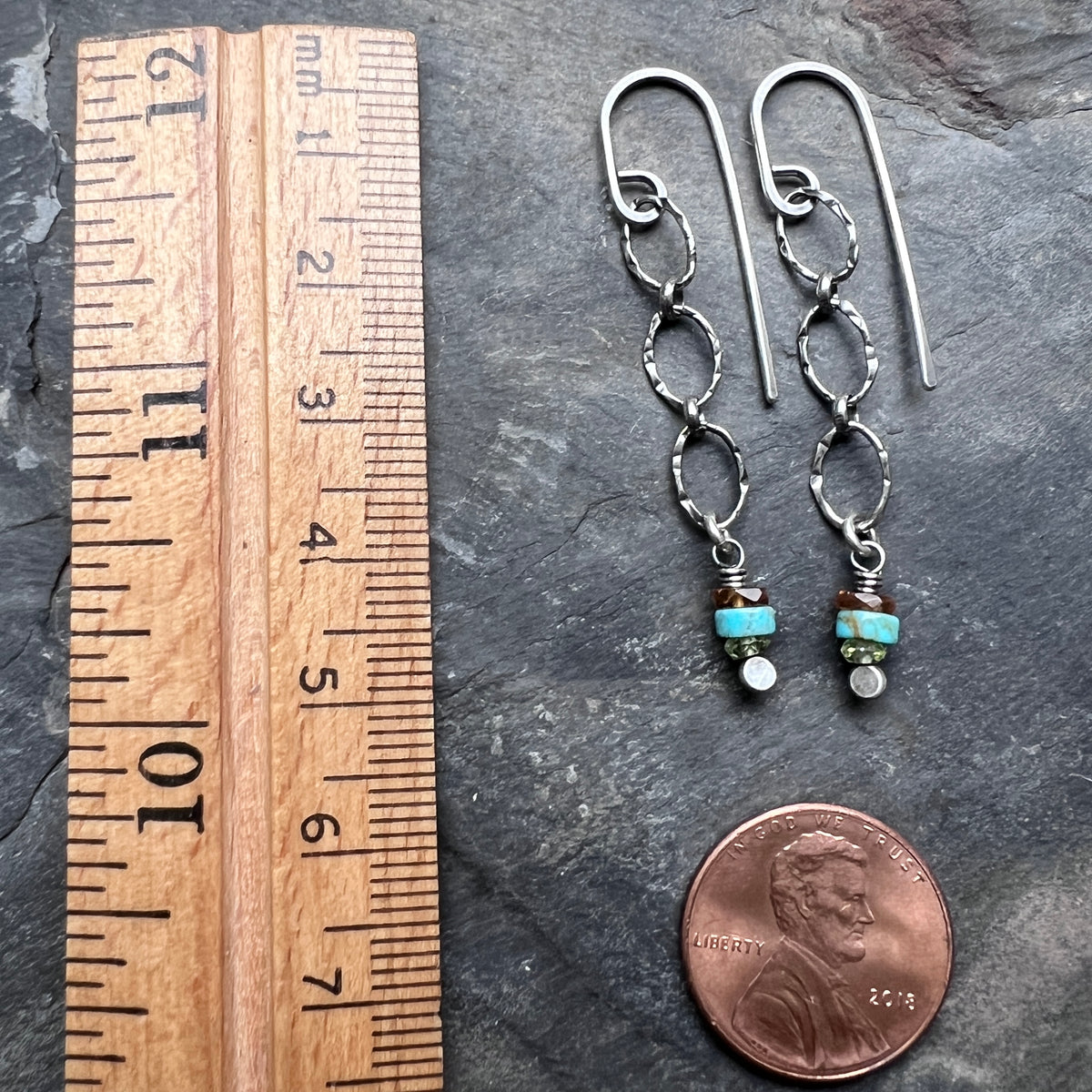 Peridot, Turquoise, Garnet, and Sterling Silver Lightweight Dangle Earrings