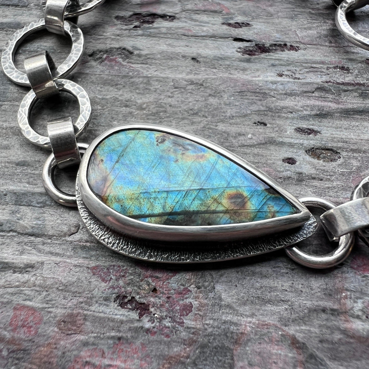 Labradorite Sterling Silver Bracelet | One-of-a-kind Natural Stone Hammered Link Bracelet