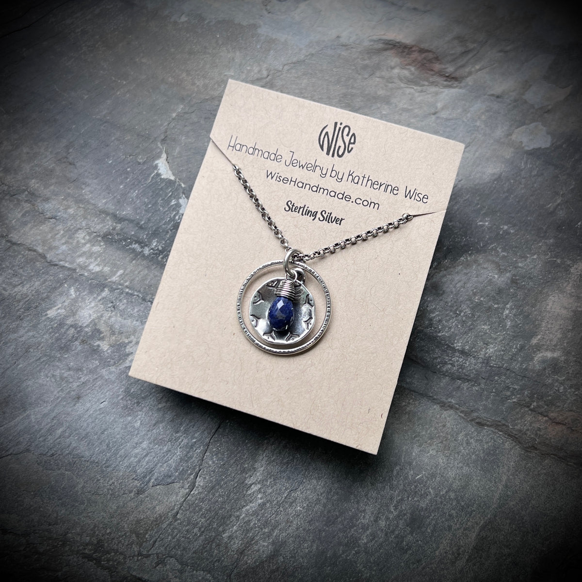 Genuine Sapphire Sterling Silver Necklace | Dark Blue Gemstone Stamped Circle Pendant