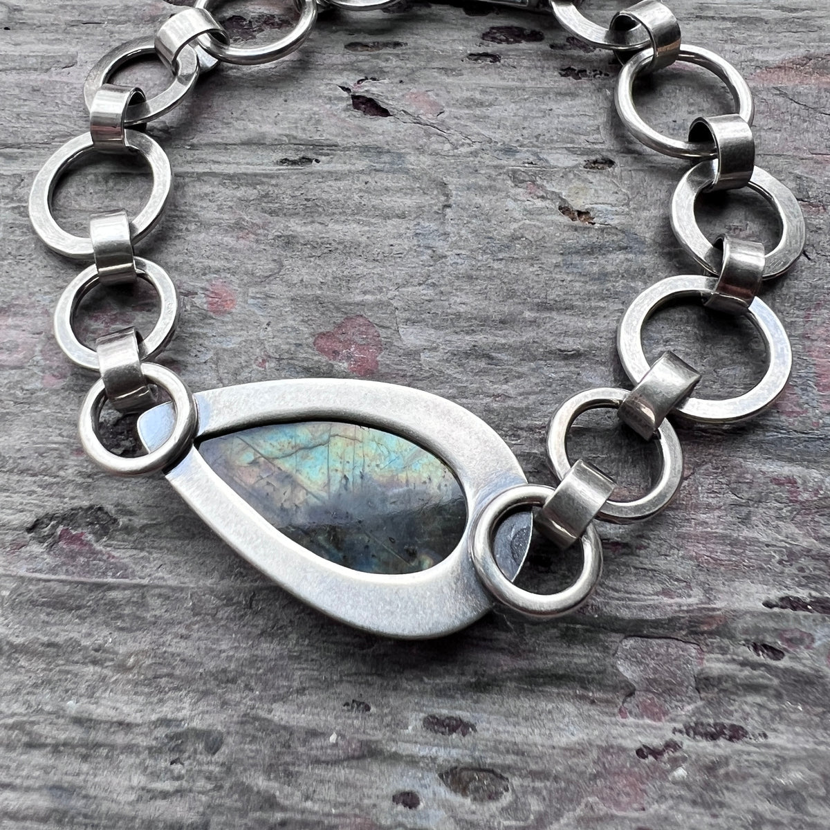 Labradorite Sterling Silver Bracelet | One-of-a-kind Natural Stone Hammered Link Bracelet
