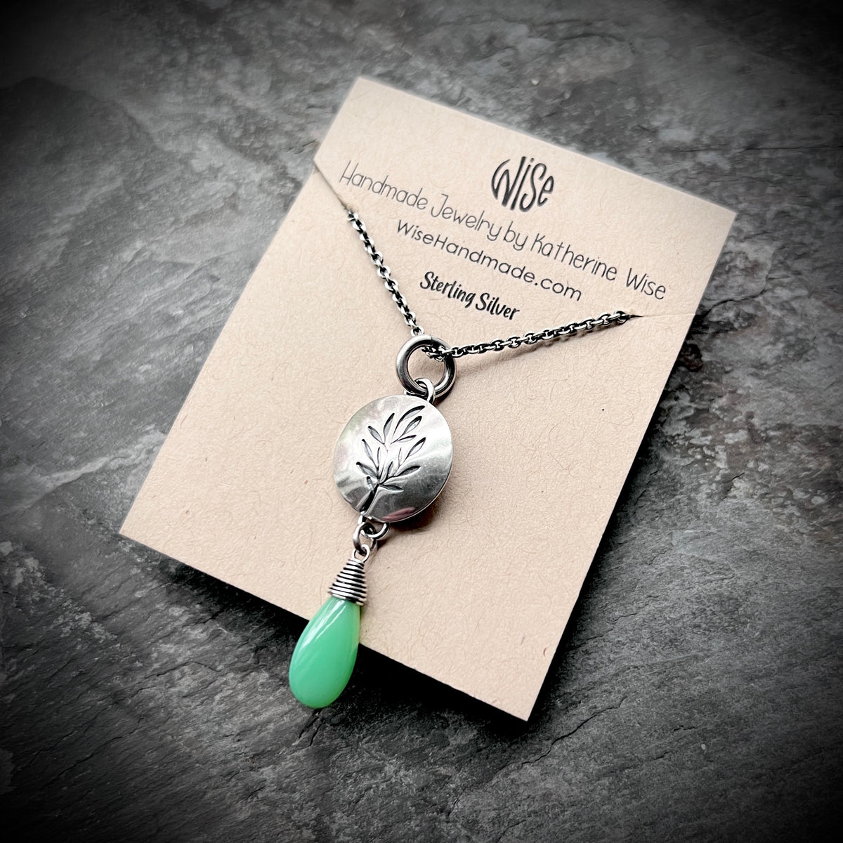 Sterling Silver Chrysoprase Necklace | Stamped Branch Circle with Green Teardrop Pendant