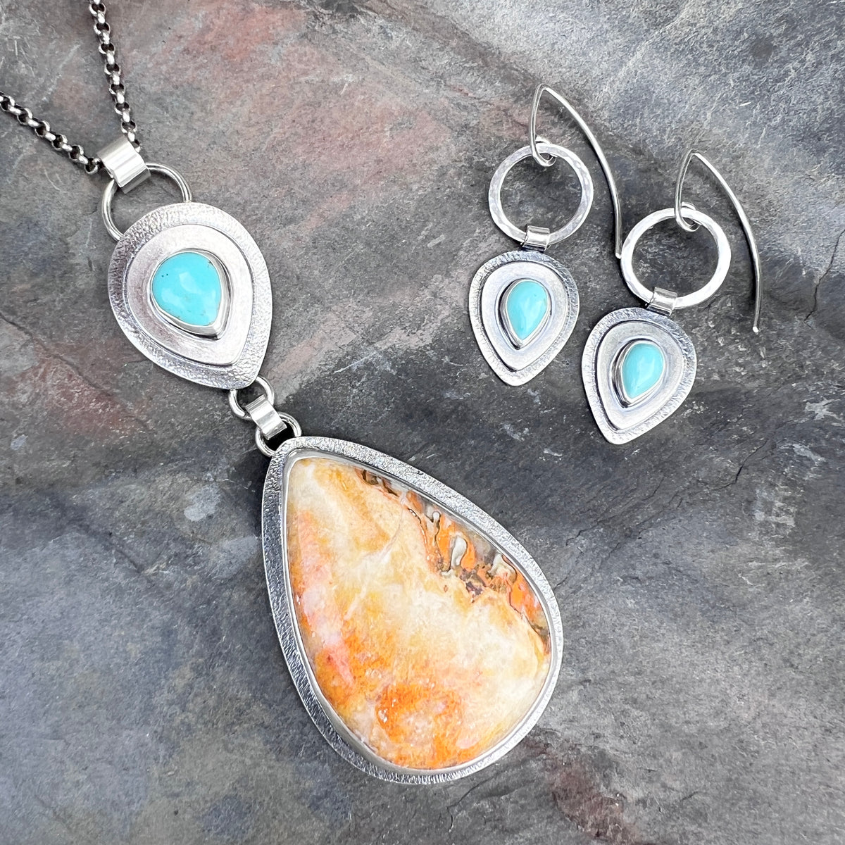 Sterling Silver Genuine Turquoise and Jasper Necklace | Natural Stone Teardrop Statement Pendant