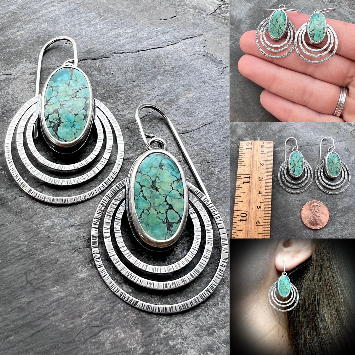Genuine Turquoise Sterling Silver Earrings | Natural Stone Cabochons with Textured Hoop Dangles