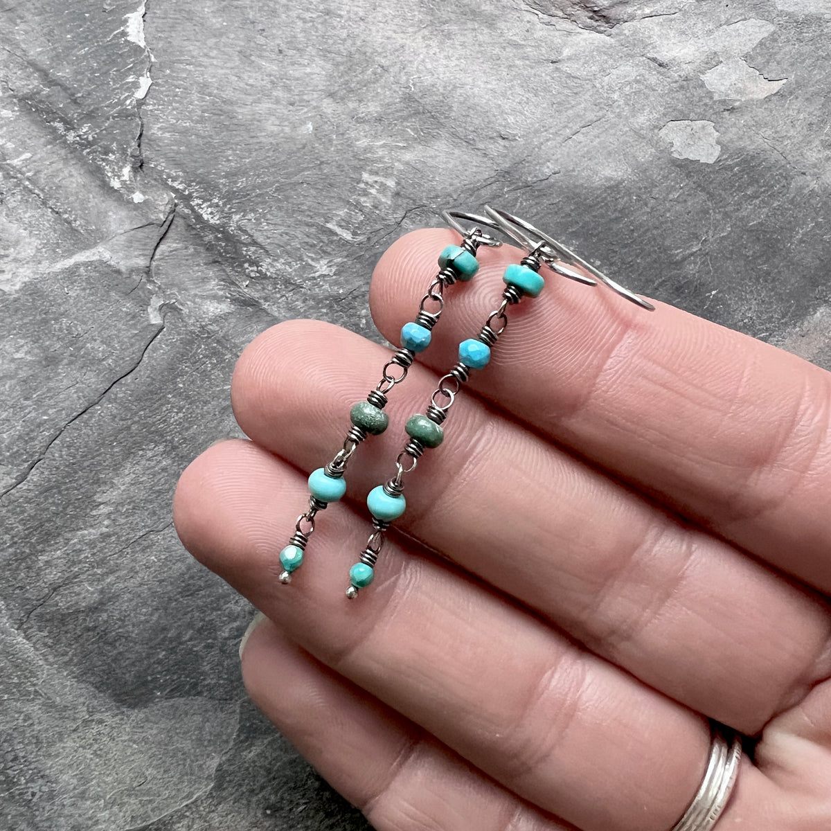 Genuine Turquoise Sterling Silver Earrings | Mixed Natural Stone Long Dangle Earrings