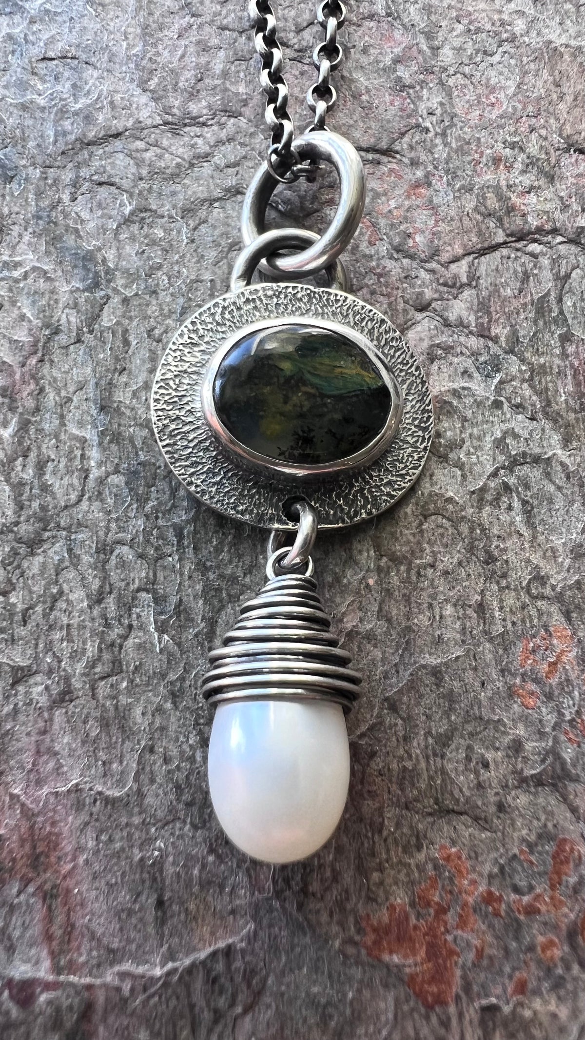 Sterling Silver Opal and Pearl Necklace - Genuine Peruvian Opal and Fresh Water Pearl Pendant - Handmade Jewelry Unique Gift for Her