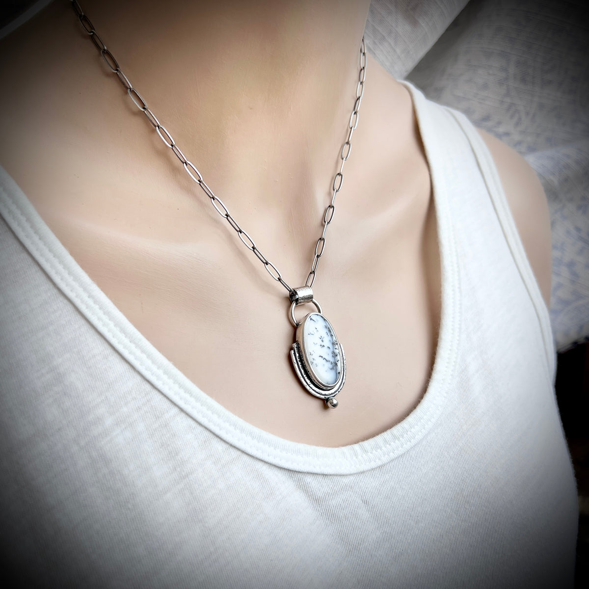 Sterling Silver Dendritic Opal Necklace | Black & White Natural Stone Pendant