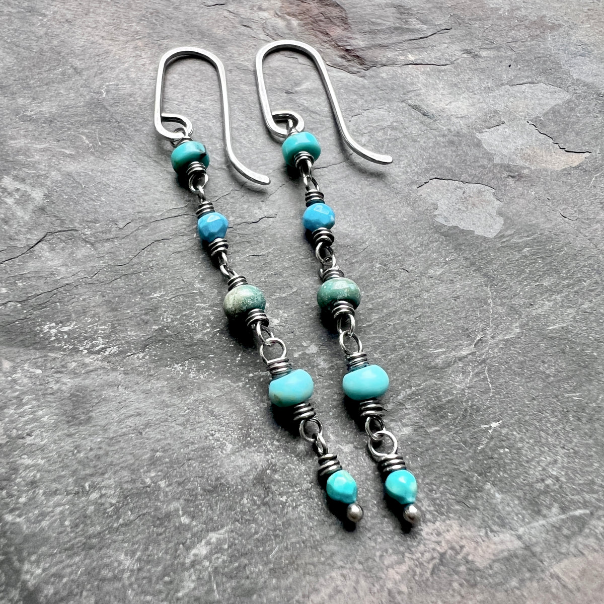 Genuine Turquoise Sterling Silver Earrings | Mixed Natural Stone Long Dangle Earrings