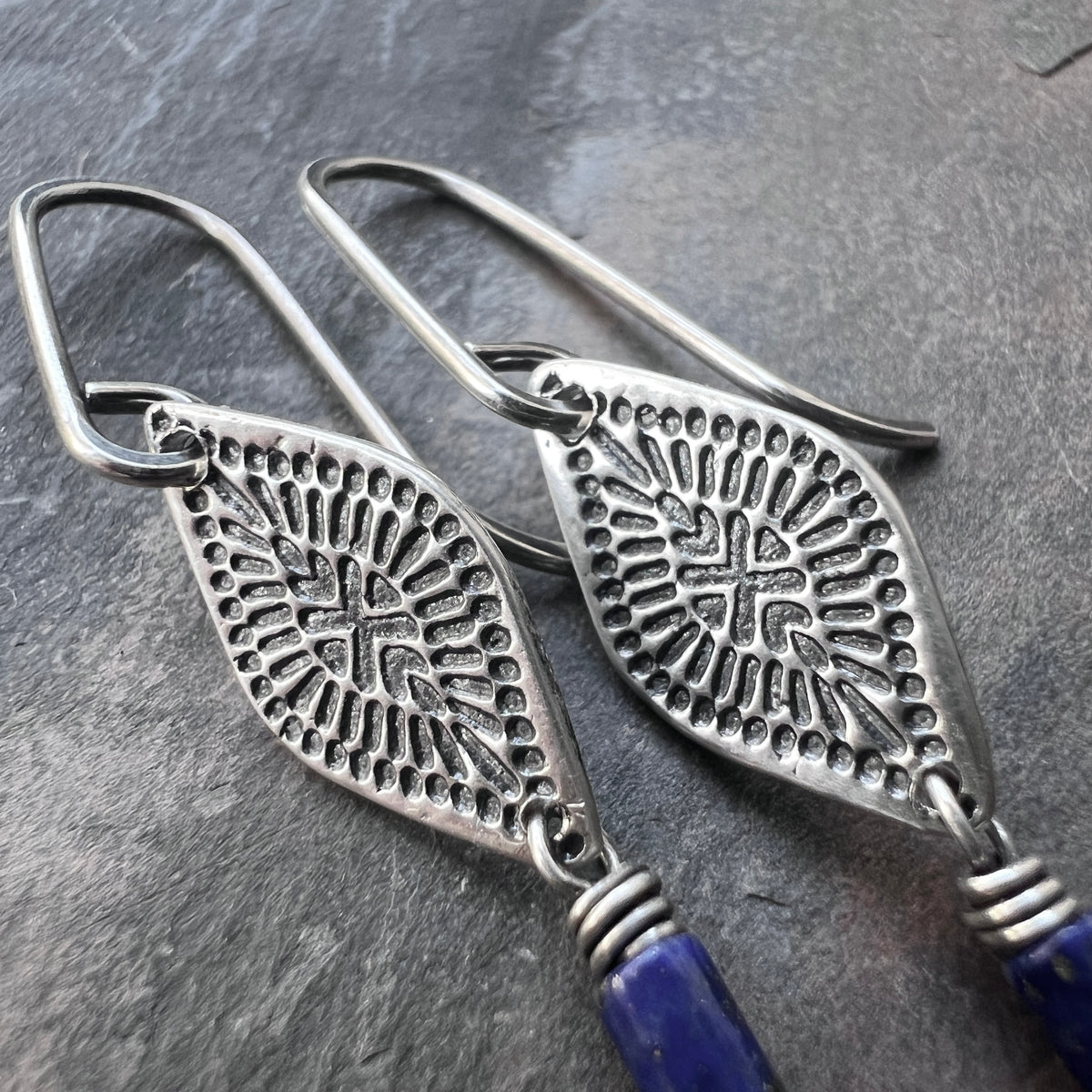 Sterling Silver Lapis Lazuli Earrings | Blue Natural Stone Stamped Silver Dangles